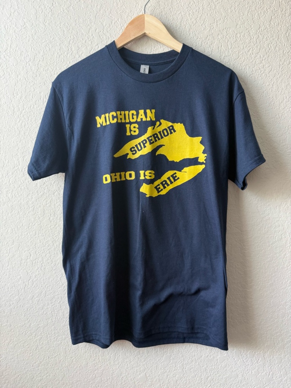 Gildan Navy Short Sleeve Tee with Yellow Michigan/Ohio Graphic